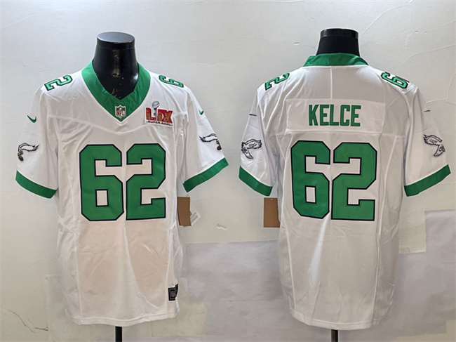 Men's White Philadelphia Eagles #62 Jason Kelce 2025 Super Bowl LIX Patch F.U.S.E. Vapor Untouchable Limited Stitched Football Jersey